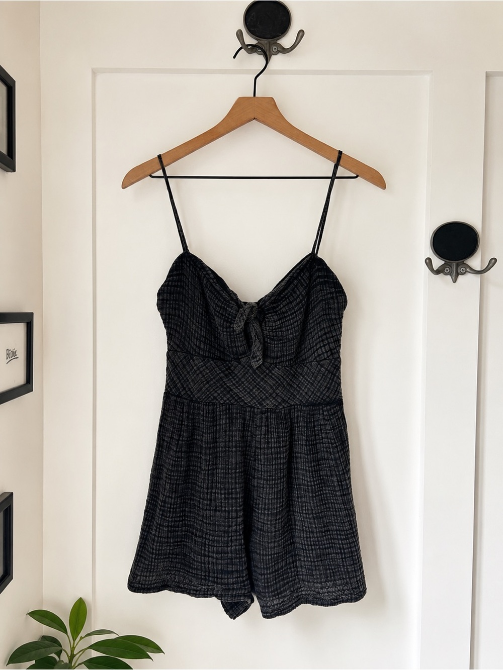 Anthropologie Gauze Tie Front Romper | Black Cotton Blend | Adjustable Straps |